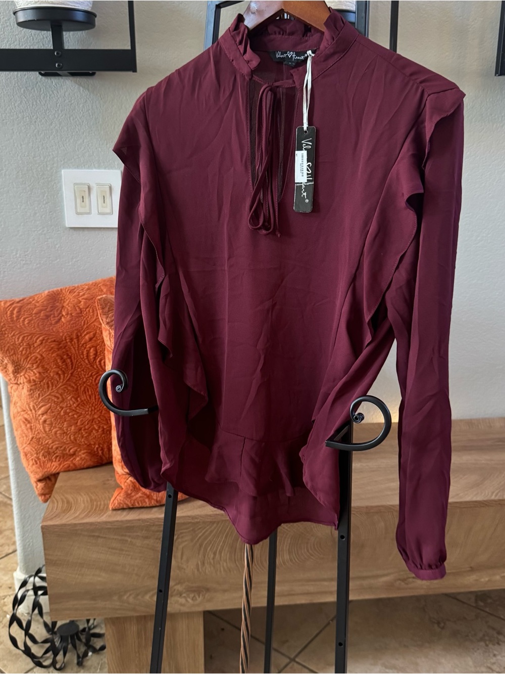 Velvet Heart Women's Long Sleeve Ruffle Tie-Neck Blouse - Burgundy-NWT